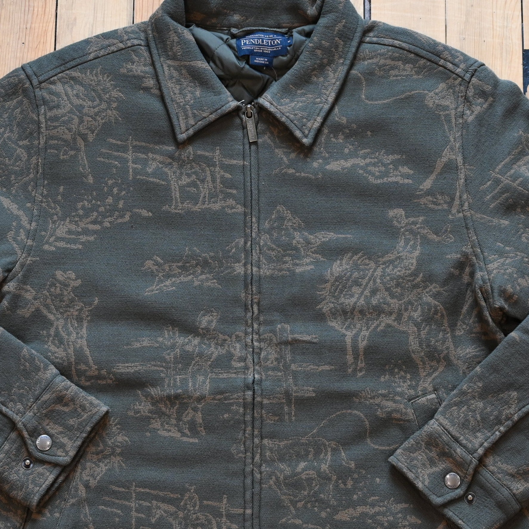 Pendleton Quilted Chamois Work Jacket in Wild Landscape Olive with tan cowboy and horse landscape pattern