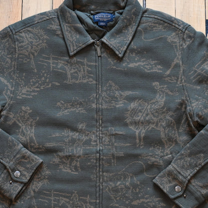 Pendleton Quilted Chamois Work Jacket in Wild Landscape Olive with tan cowboy and horse landscape pattern