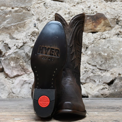 View of Hyer HUDSON 13&quot; boots showcasing brown Mad Dog goat leather vamp and tan Mad Dog goat upper with narrow square toe and Western underslung leather stacked heel
