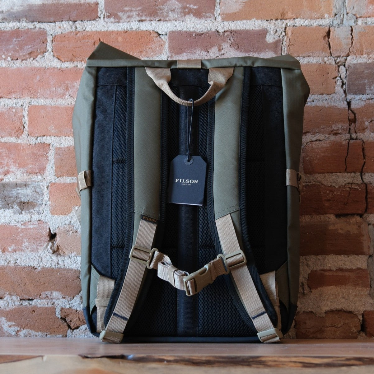 Filson All-Weather Backpack in Olive and Black.