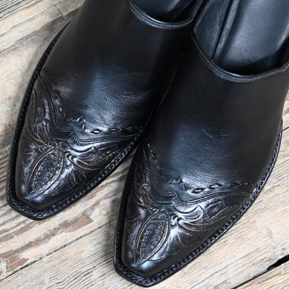 View of Stallion Ladies mule slider in antique tooled leather with 0.75 square toe and 2&quot; fashion heel