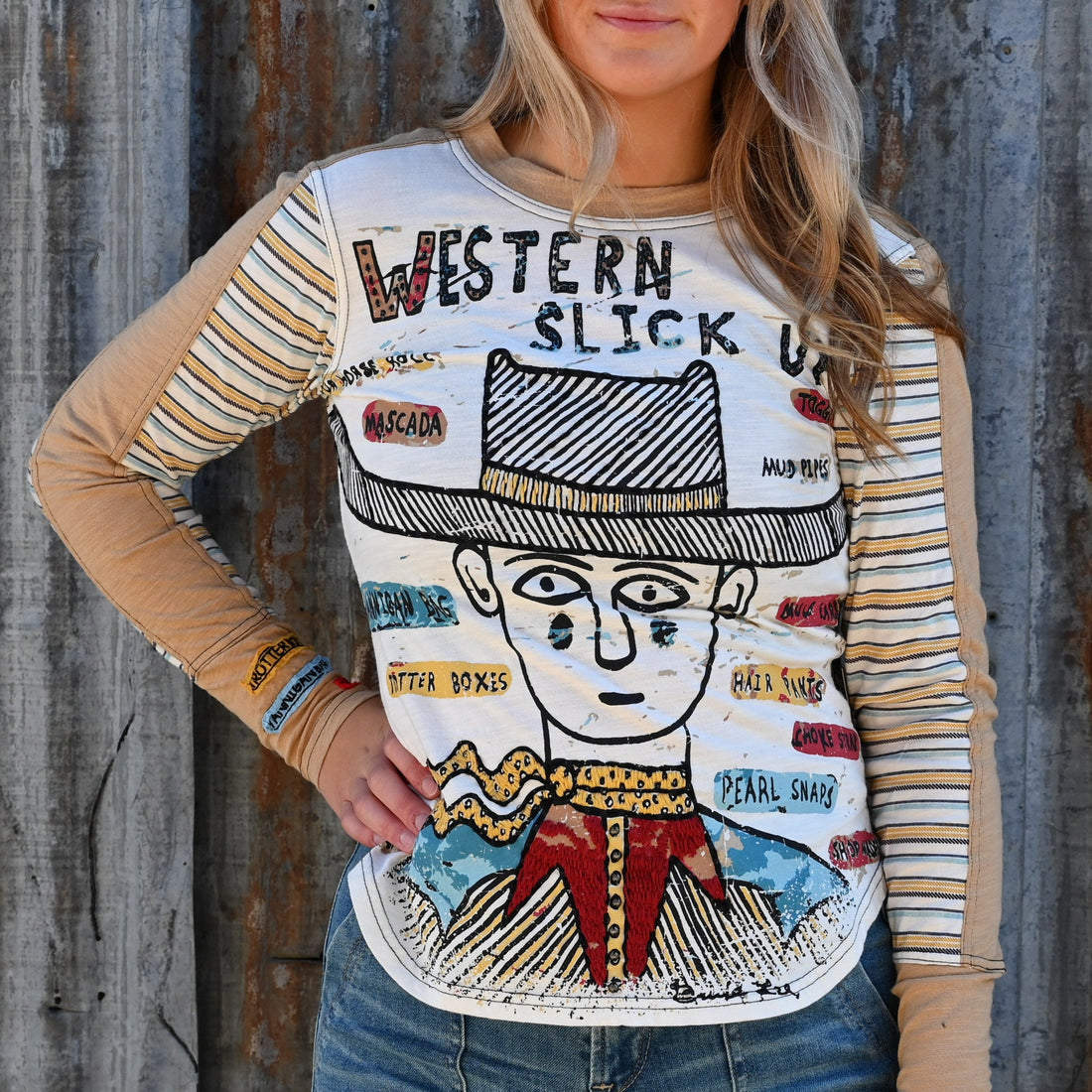 View of Double D Ranch Western Slick Up Tee featuring a bold graphic design by Bruce Lee Webb with colorful stripes and contrasting collar and cuffs