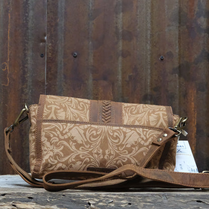 Myra Yellowstone Maverick Sky printed canvas crossbody bag in amber with buckle and leather trim