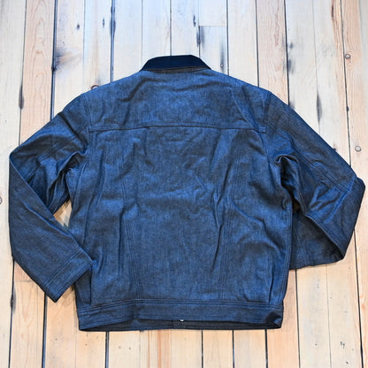 Filson × Wrangler black denim work jacket, sherpa lined with snap front and corduroy collar