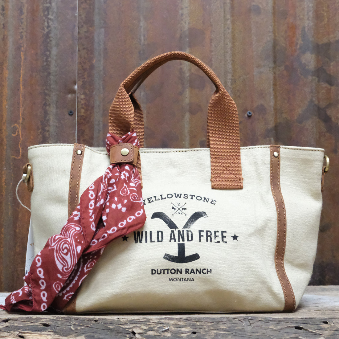 Myra Yellowstone Echo Valley Ivory printed canvas crossbody bag with leather trim and matching scarf