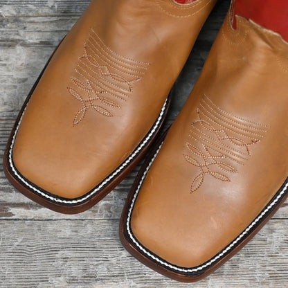 View of Hondo 16&quot; cowboy boot with red top, honey crazy horse vamp, wide square toe, pull holes, and spur ledge
