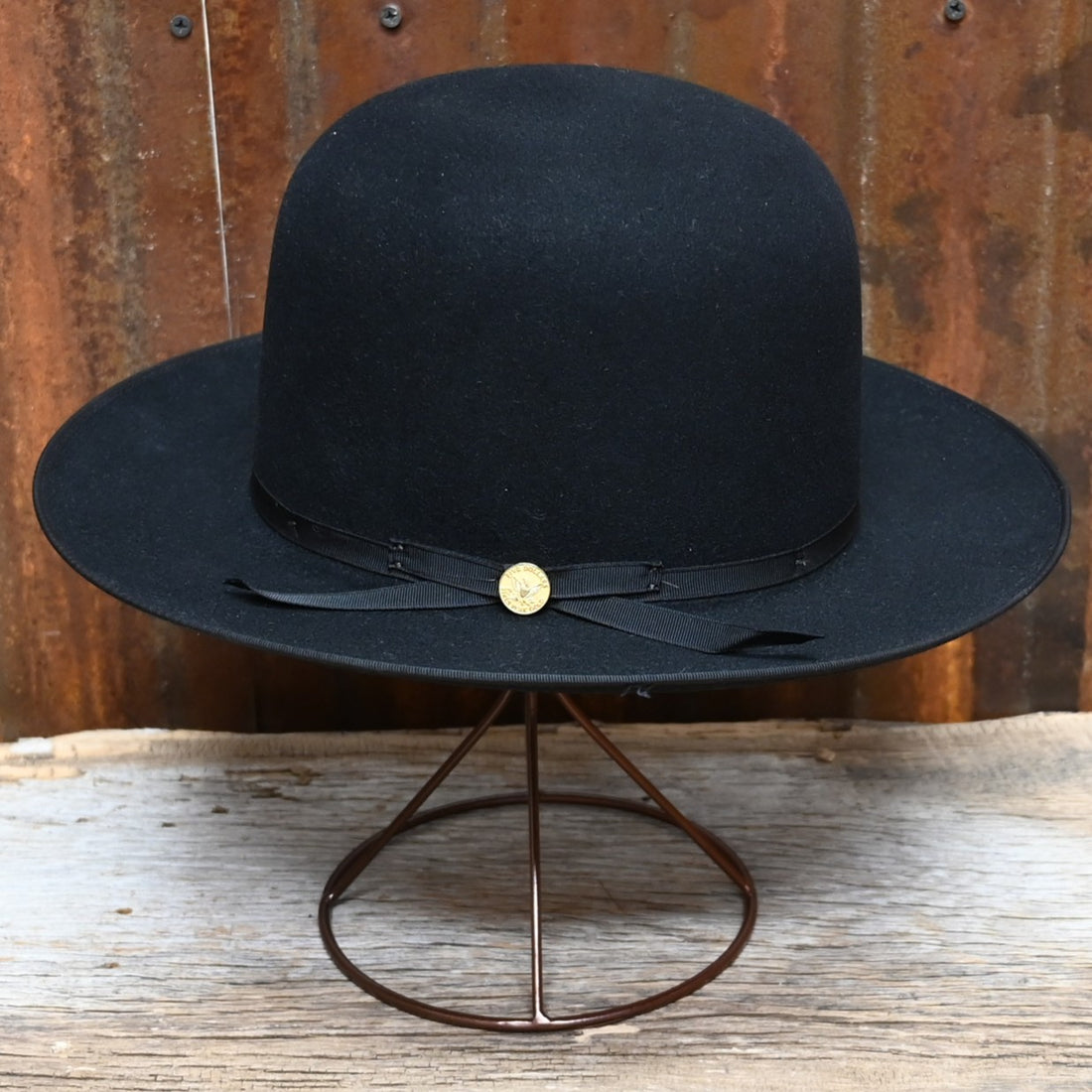 Stetson Open Road 160th Edition black fur felt hat with open crown and bound edge brim