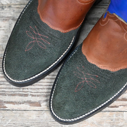 View of Hondo 16&quot; cowboy boot with royal blue top, black roughout vamp, brown overlay, and pull holes