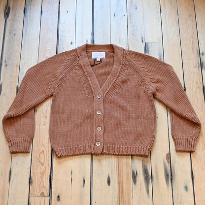 View of Filson Ladies Rustic Cotton Cardigan in Chestnut featuring a V-neckline and four-button front closure