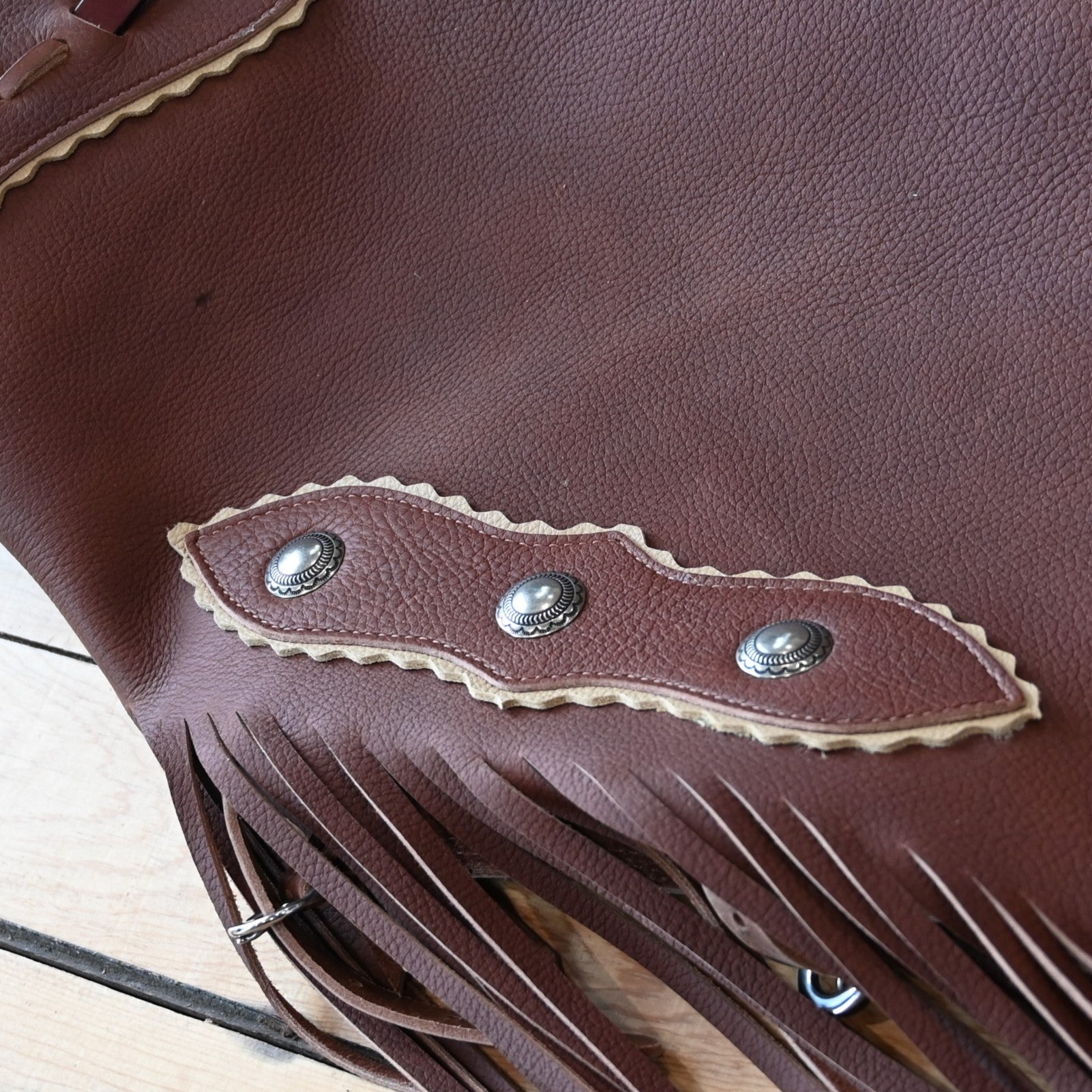 View of K Bar J Chinks with Buckles and Chap Leather Top in Size Large