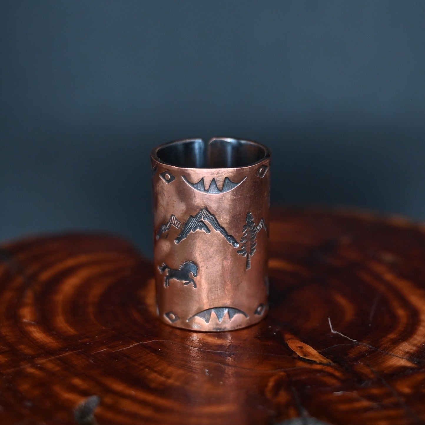 Calico Rose Wild Horse Barrel copper scarf slide with rustic Western barrel design