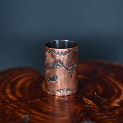 Calico Rose Wild Horse Barrel copper scarf slide with rustic Western barrel design