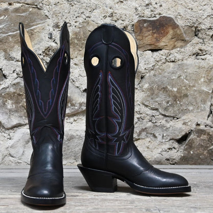 View of Hondo 14&quot; cowboy boot in black retan leather with pull holes, spur ledge, and medium round toe