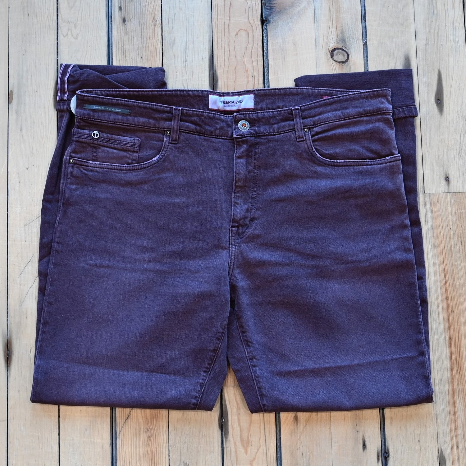 Teleria Zed 5 Pocket Jeans in Mosto soft Italian burgundy denim with modern five-pocket design