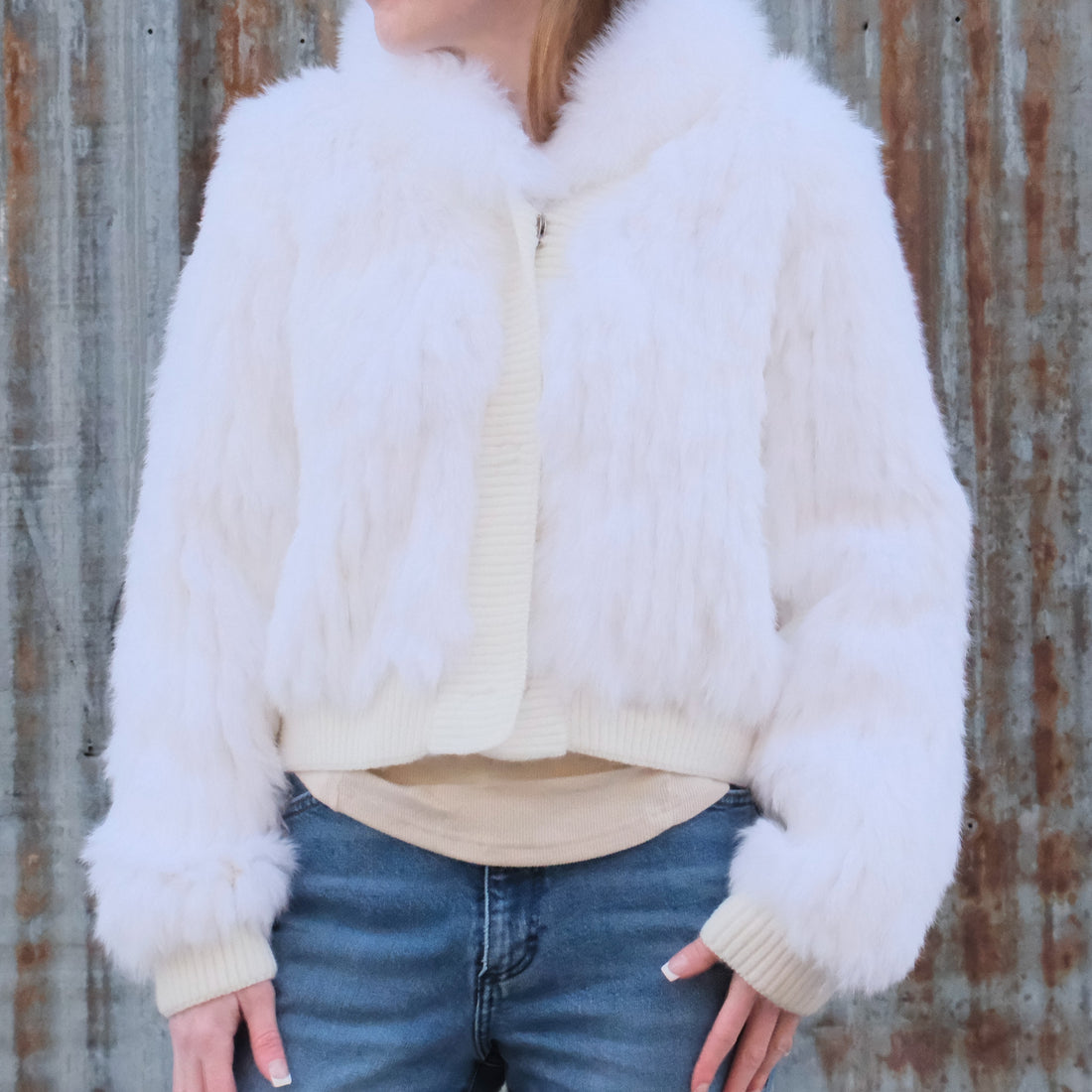 Morris Kaye white rabbit fur jacket with fox trim