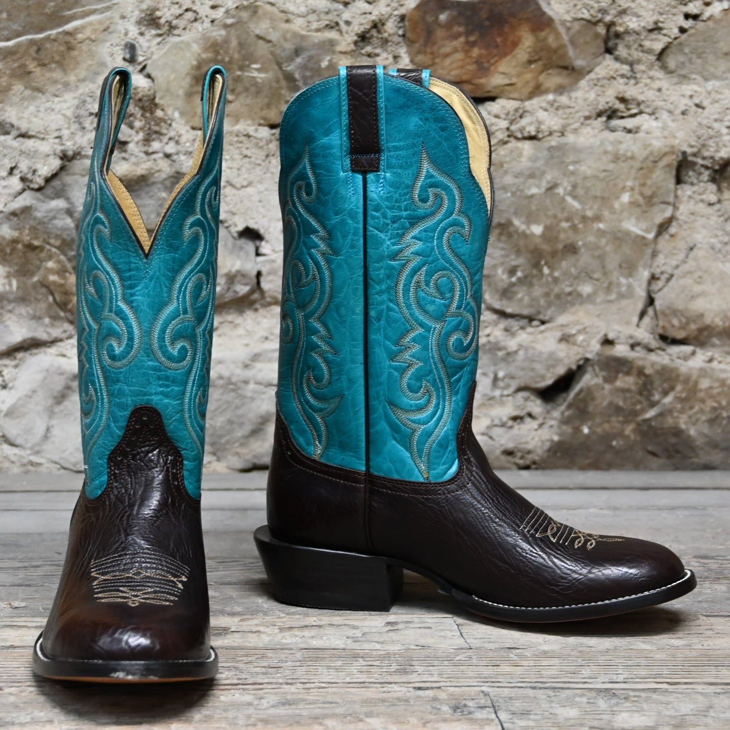 View of Hondo 13&quot; cowboy boot with turquoise top, brown shoulder vamp, wide round toe, and spur ledge