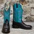 View of Hondo 13" cowboy boot with turquoise top, brown shoulder vamp, wide round toe, and spur ledge