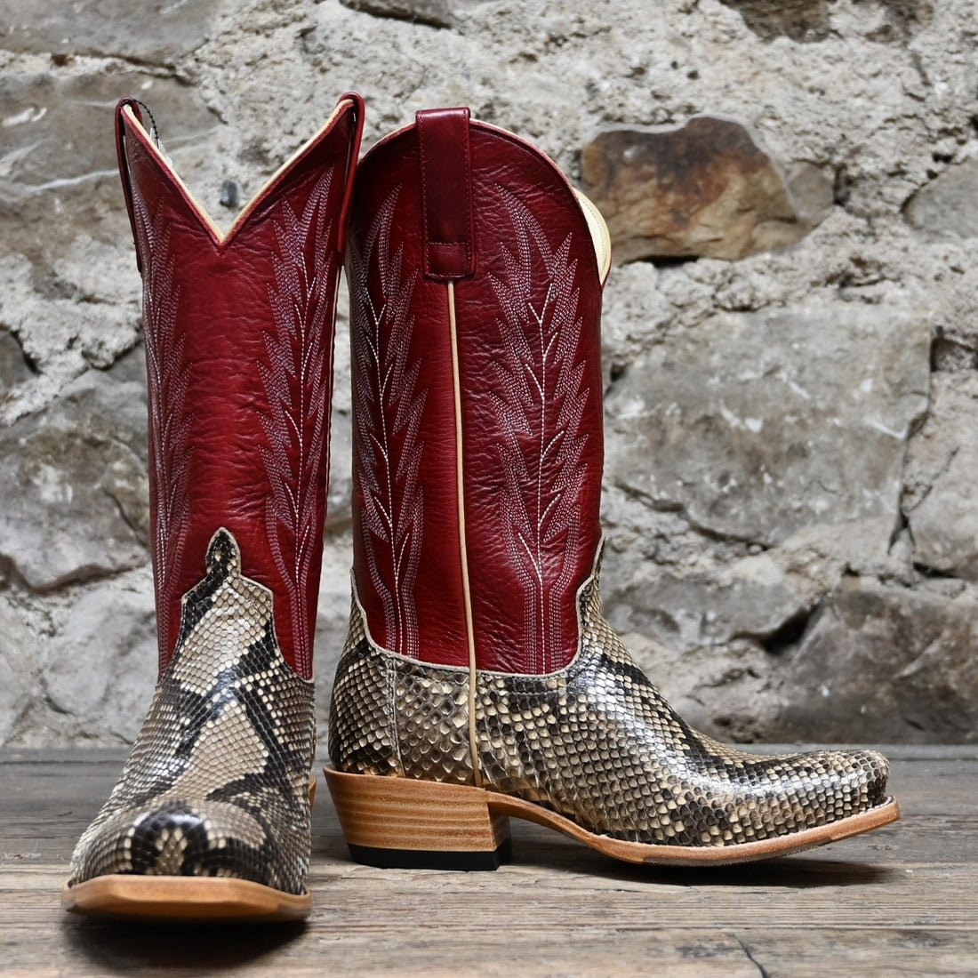 View of Macie Bean 13″ boot with red Station shaft, mink python vamp, and cutter toe