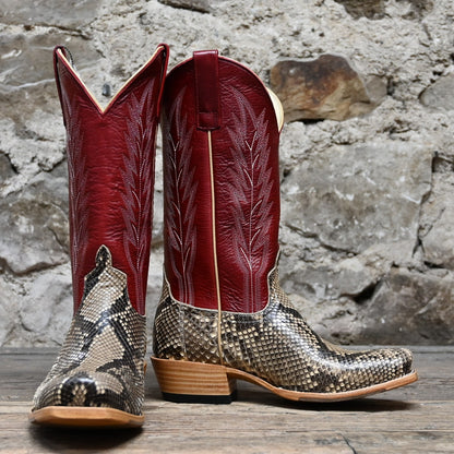 View of Macie Bean 13″ boot with red Station shaft, mink python vamp, and cutter toe