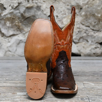 View of Hondo 11&quot; cowboy boot with orange volcano top, brown full quill ostrich vamp, and medium square toe