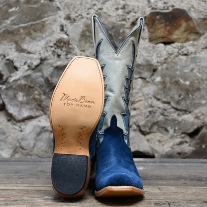 View of Macie Bean Top Hand 13″ boot with blue suede vamp and cream Mercedes-stitched top