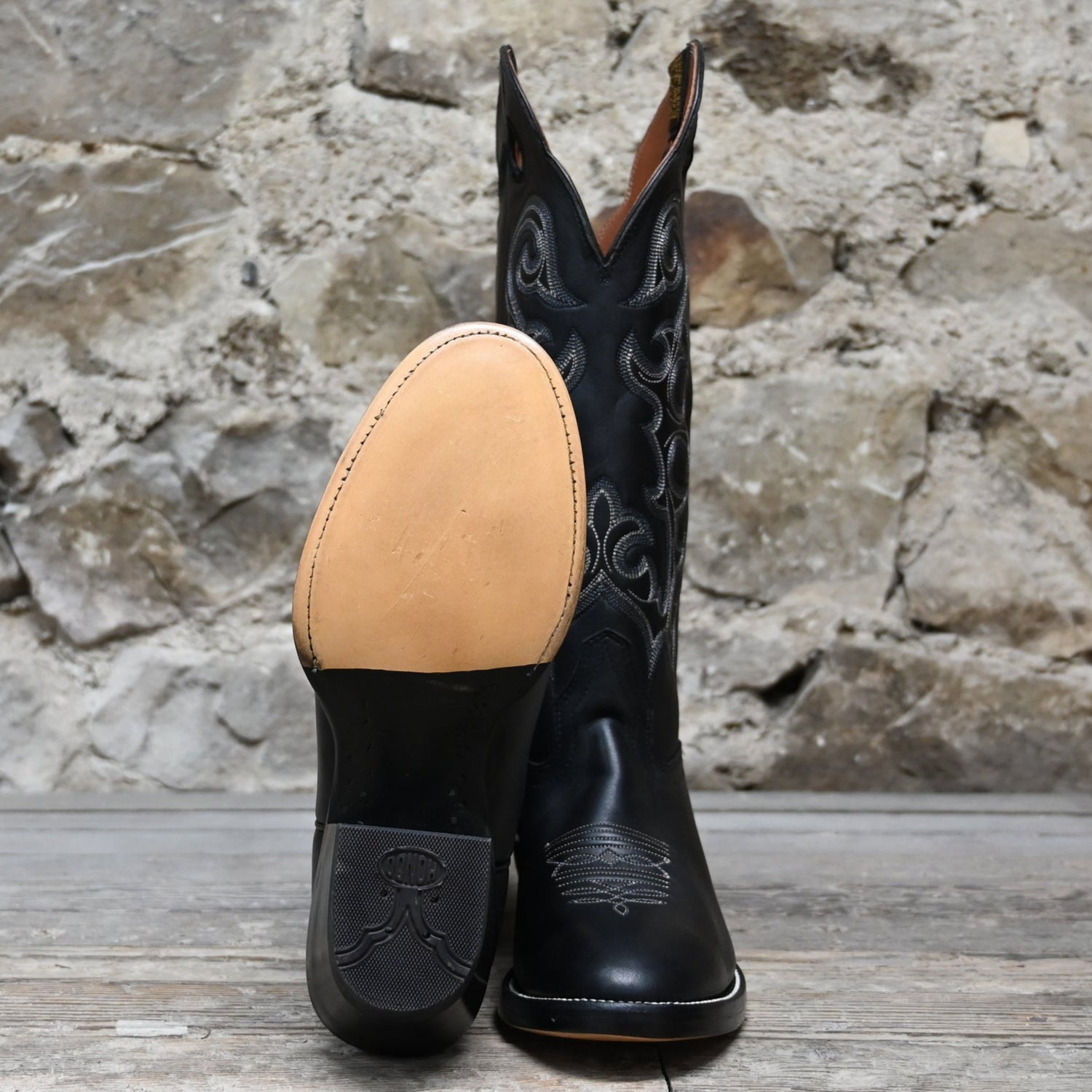 View of Hondo 16&quot; cowboy boot in black retan with flourished stitching, pull holes, and spur ledge