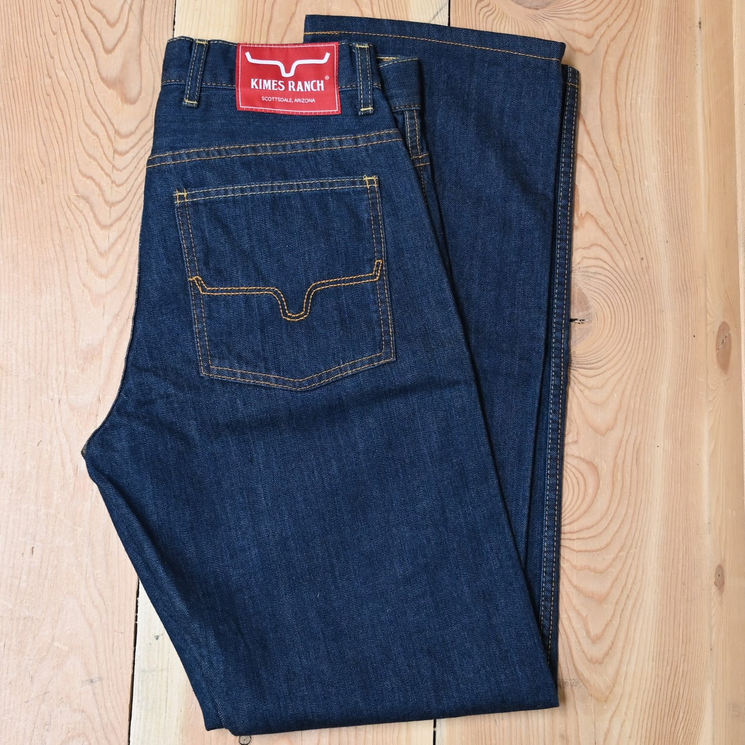 View of Kimes Ranch Cal Jeans in Blue, featuring a higher rise and straight boot leg
