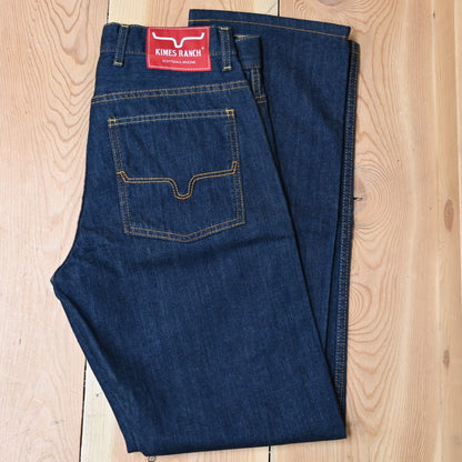 View of Kimes Ranch Cal Jeans in Blue, featuring a higher rise and straight boot leg