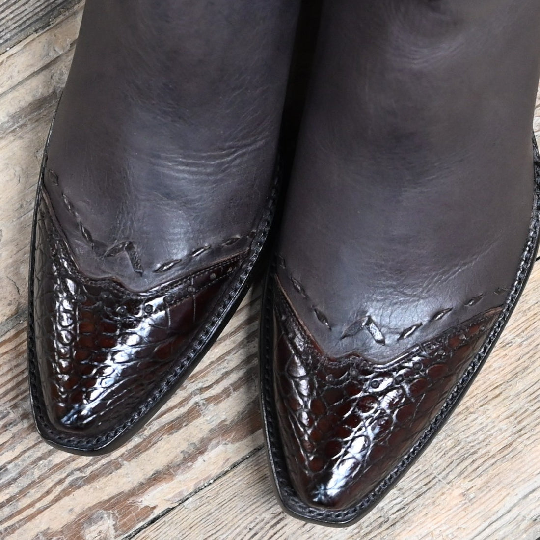 View of Stallion Ladies Zorro zip boot in chocolate horsehide with crocodile trim and B toe