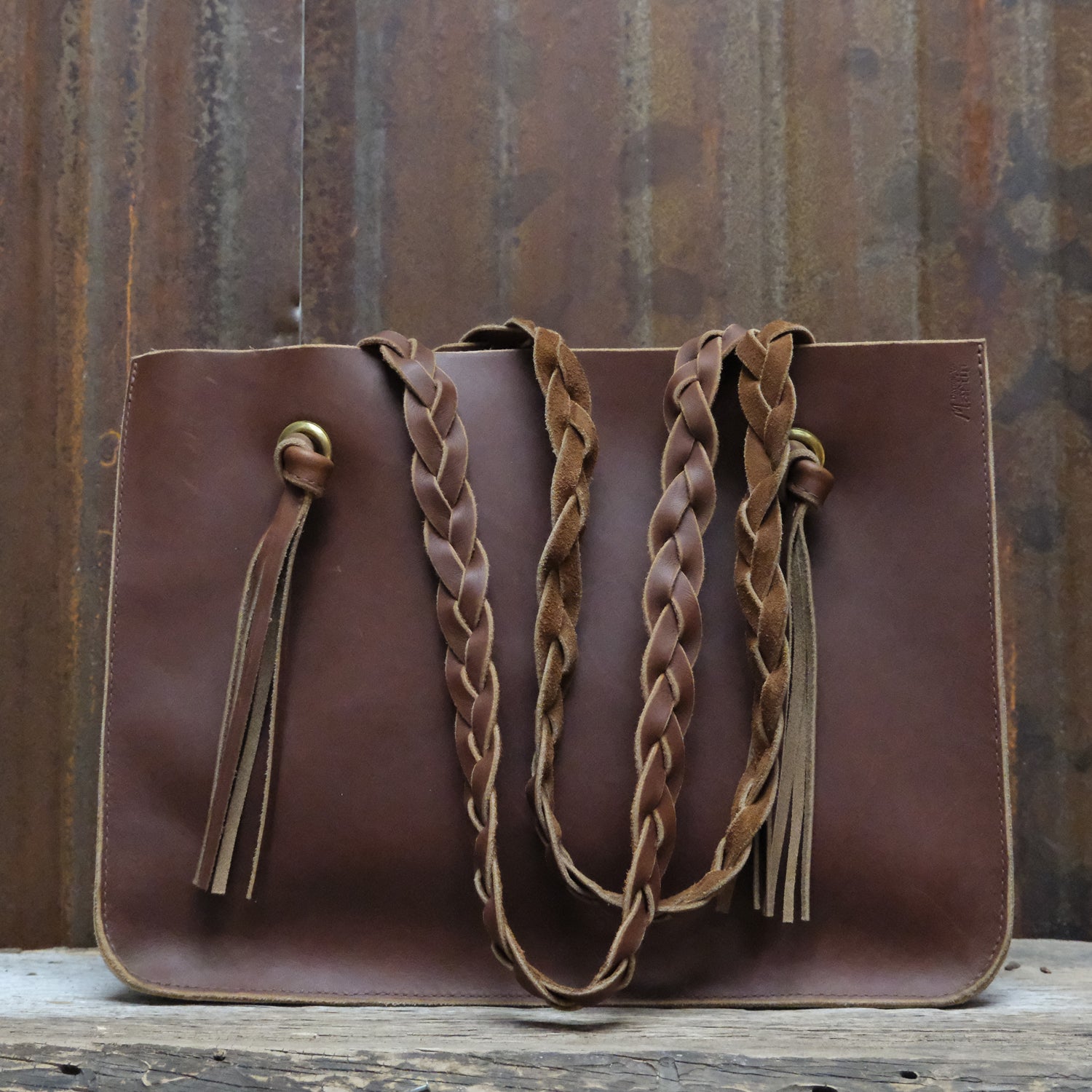 Martin Harness genuine leather tote bag with braided straps in light and dark brown
