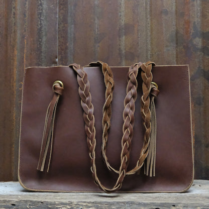 Martin Harness genuine leather tote bag with braided straps in light and dark brown