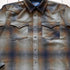 View of Pendleton men’s Canyon shirt in olive and brown ombré wool with snap front and Western yokes