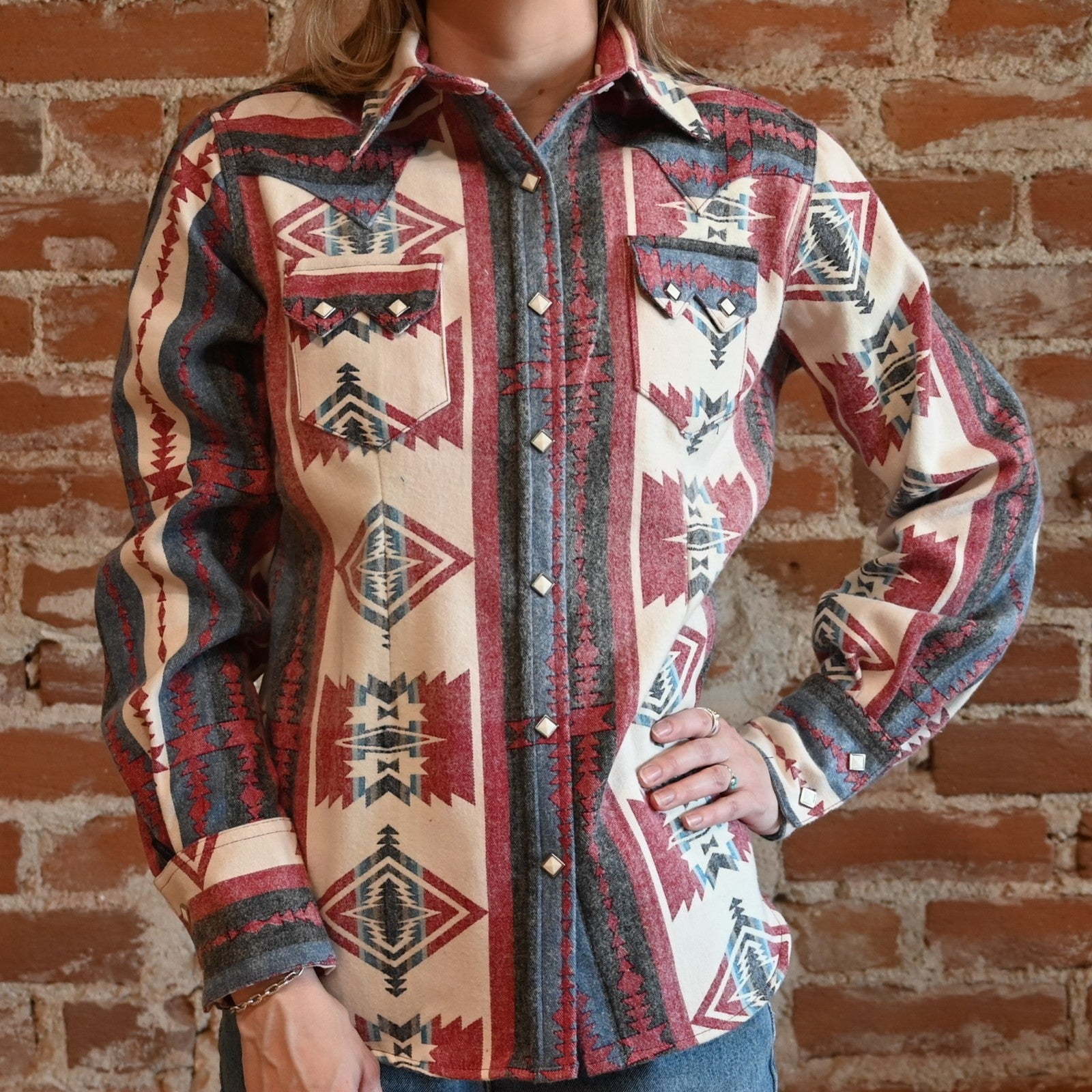 Rockmount ladies flannel western shirt in red and white jacquard pattern