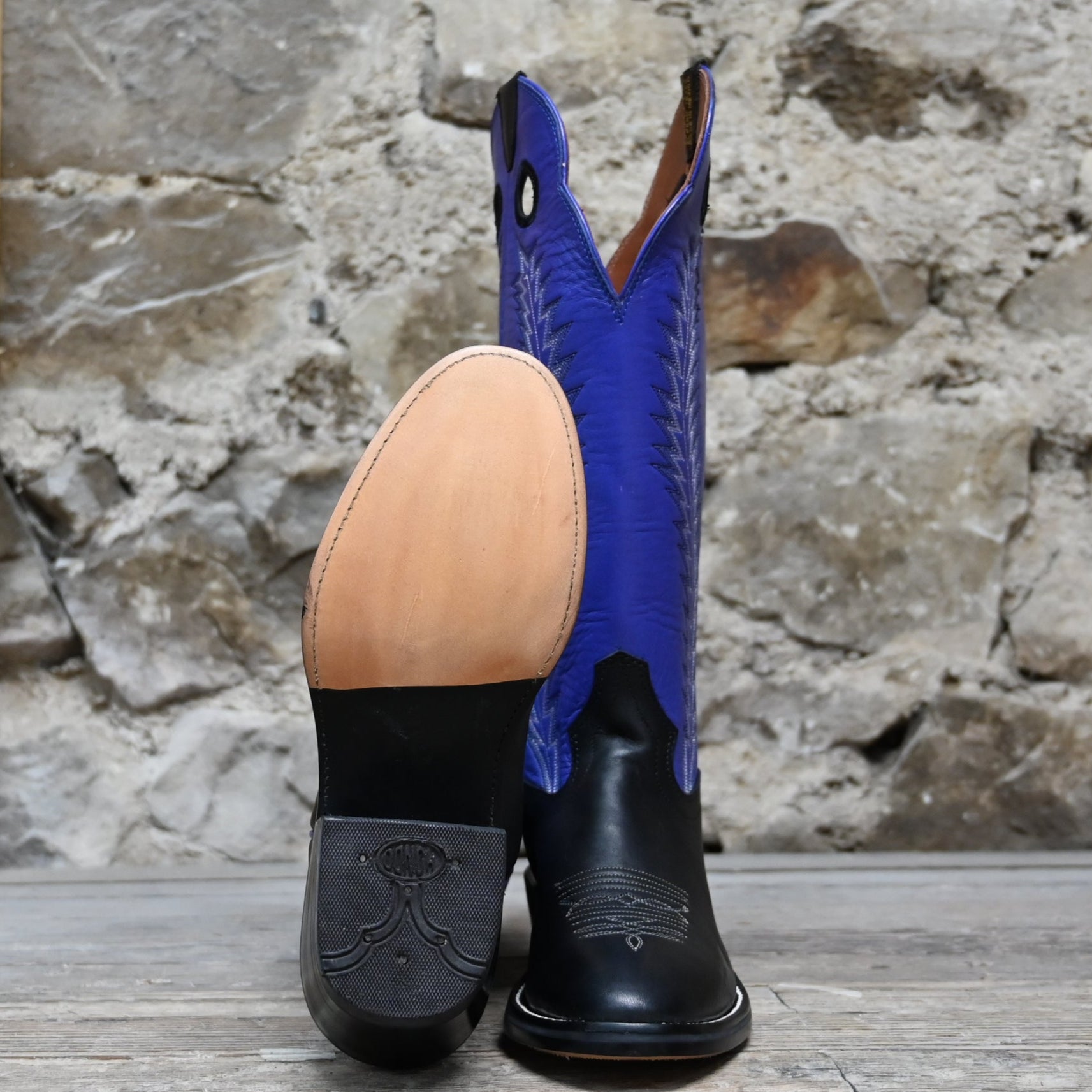 View of Hondo 16&quot; cowboy boot with purple top, black retan vamp, pull holes, and spur ledge