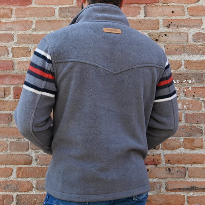 View of Schaefer Teton pullover fleece in Teton or Silverton color with storm collar and zip waist pockets