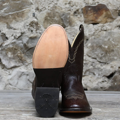 View of Hondo 11&quot; cowboy boot with brown cowhide vamp, brown top, and medium round toe