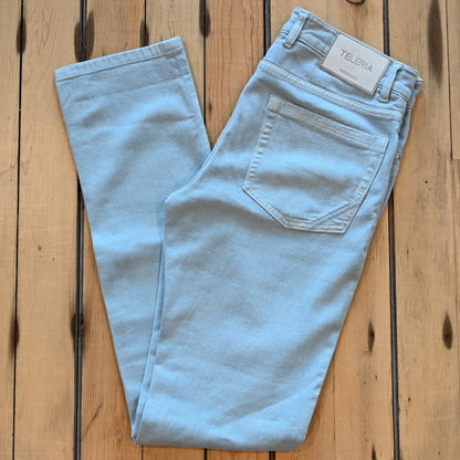 Teleria Zed 5 Pocket Jeans in Ice Blue soft Italian denim with classic five-pocket design and tailored fit