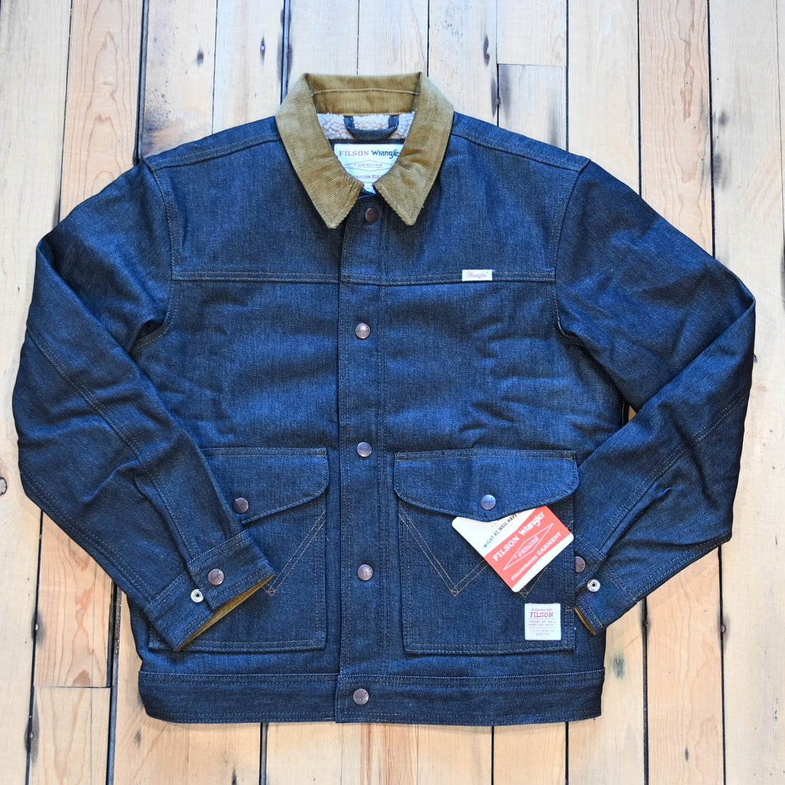 Filson × Wrangler Two-Tone Denim Work Jacket in indigo with corduroy collar and fleece-lined interior