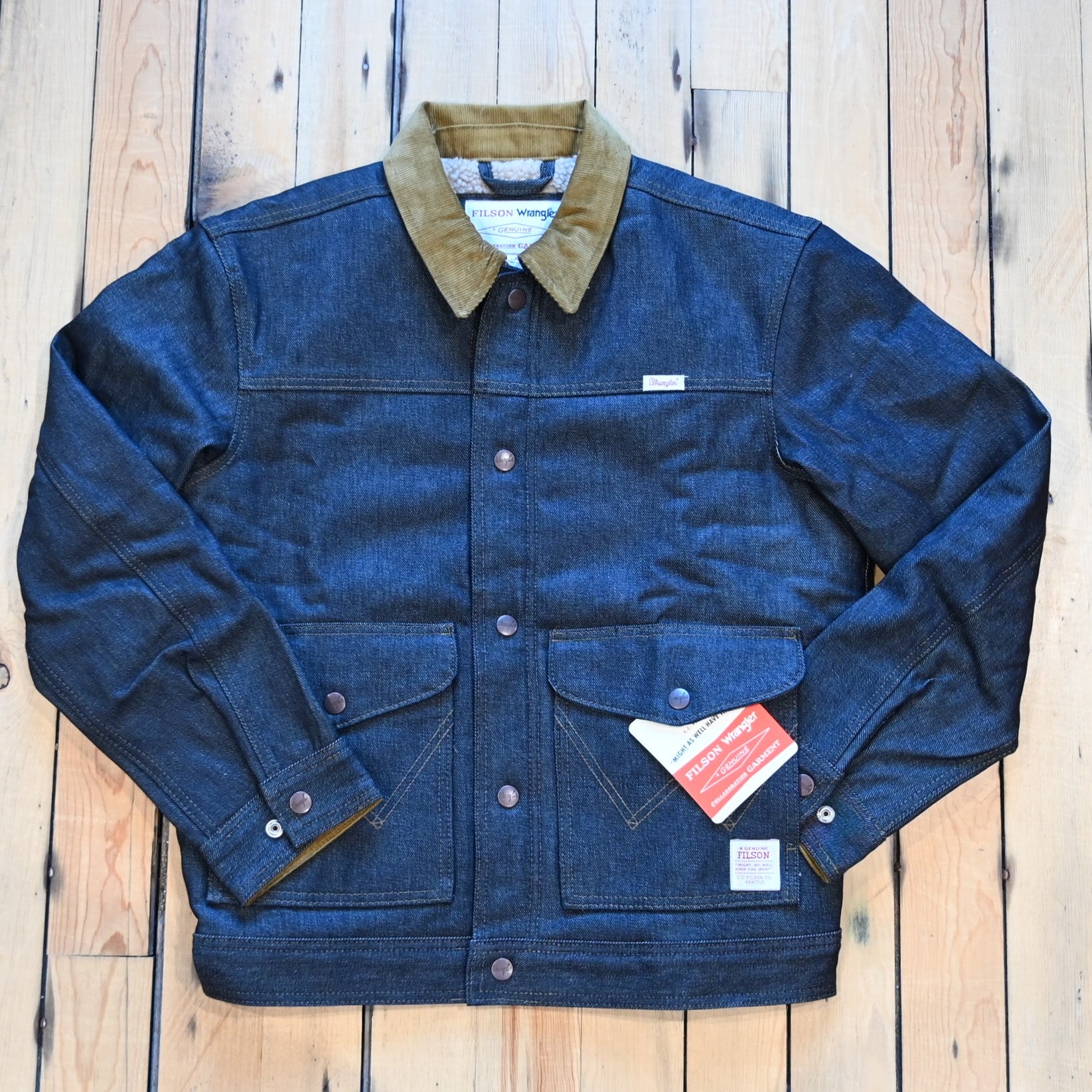 Filson × Wrangler Two-Tone Denim Work Jacket in indigo with corduroy collar and fleece-lined interior