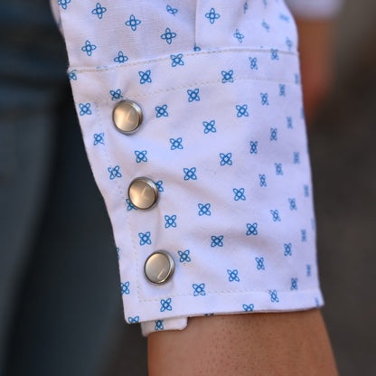 View of Blue Blanket ladies blue star western shirt with pearl snaps and bold motif