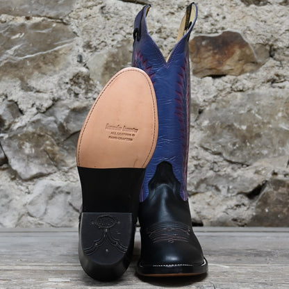 View of Hondo 16&quot; cowboy boot with purple top, black retan vamp, pull holes, and medium round toe