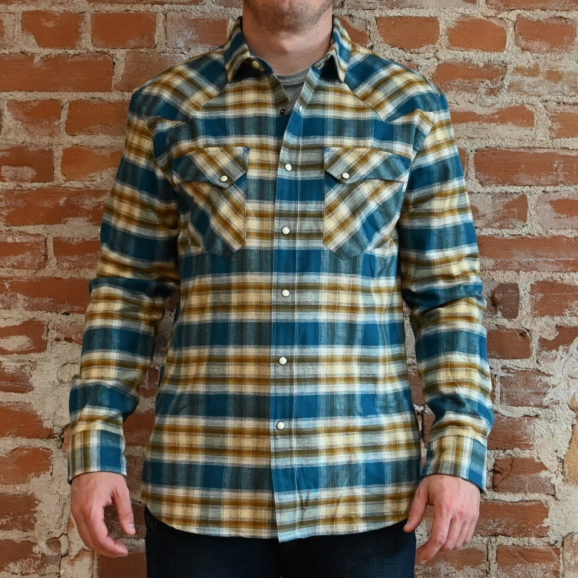 View of Pendleton – Men’s Wyatt Snap-Front Cotton Shirt in Blue/Tan/Bronze Plaid