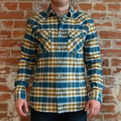 View of Pendleton – Men’s Wyatt Snap-Front Cotton Shirt in Blue/Tan/Bronze Plaid