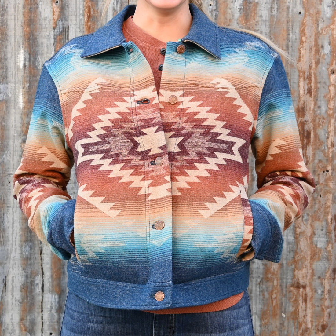 View of Turquoise Pagosa Springs patterned wool jacket by Pendleton with snap-front and side-entry pockets