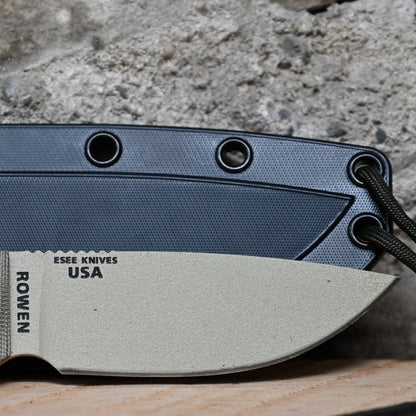 2018 Esee 3, Plain Edge, Desert Tan Blade, Od Sheath view of blade
