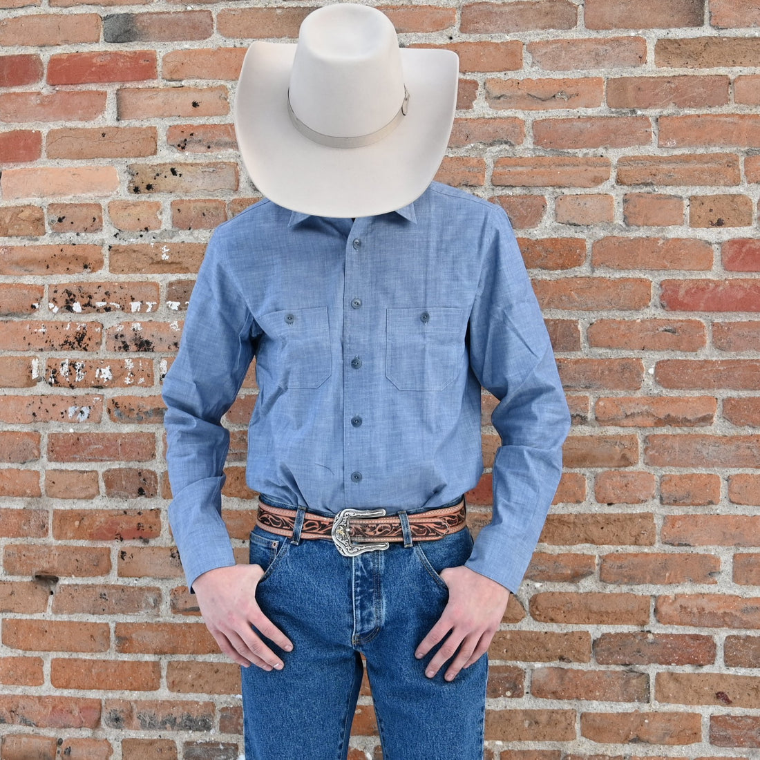 View of Blue Blanket men’s light denim Western shirt with embroidered back and chest pockets