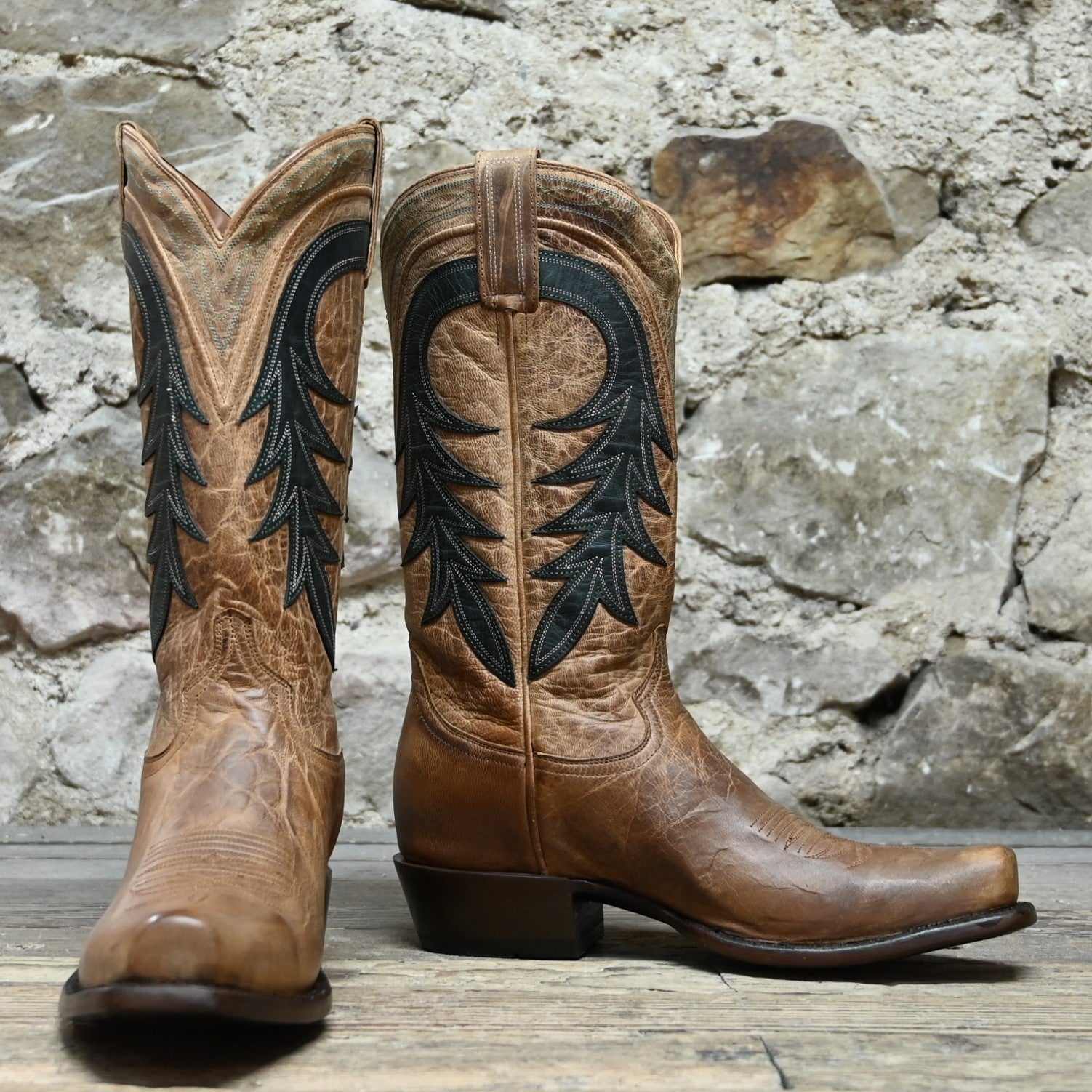 View of Hyer HUDSON 13&quot; boots showcasing tan Mad Dog goat vamp and top with Forest goat overlay, Elite narrow square toe, and leather stacked heel