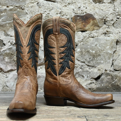 View of Hyer HUDSON 13&quot; boots showcasing tan Mad Dog goat vamp and top with Forest goat overlay, Elite narrow square toe, and leather stacked heel