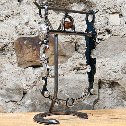 JT Silversmiths silver-inlay bit with double crescent and concho detailing on steel shank