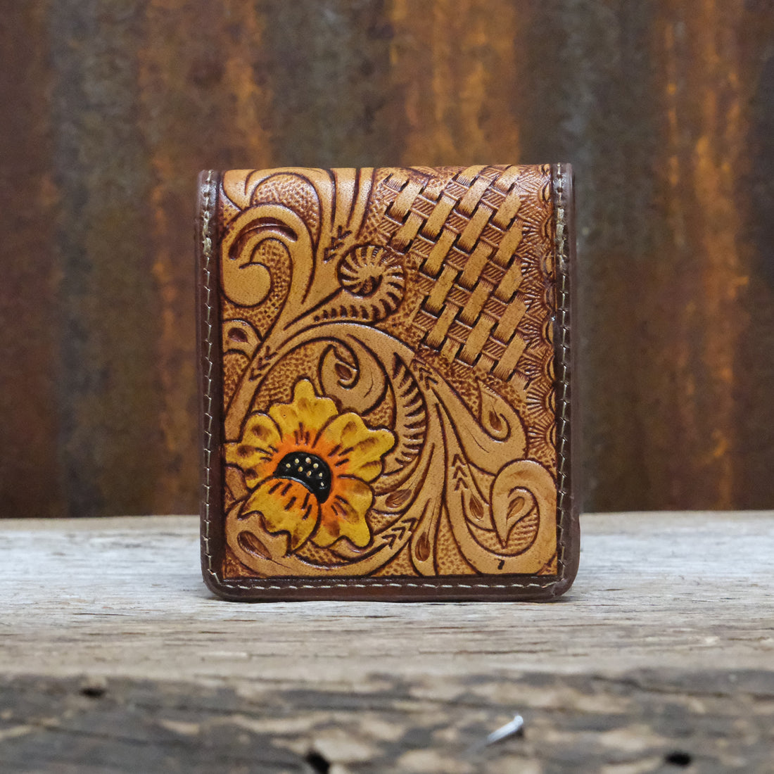 Myra Pocket Sunshine printed canvas wallet with leather trim and zipper closure